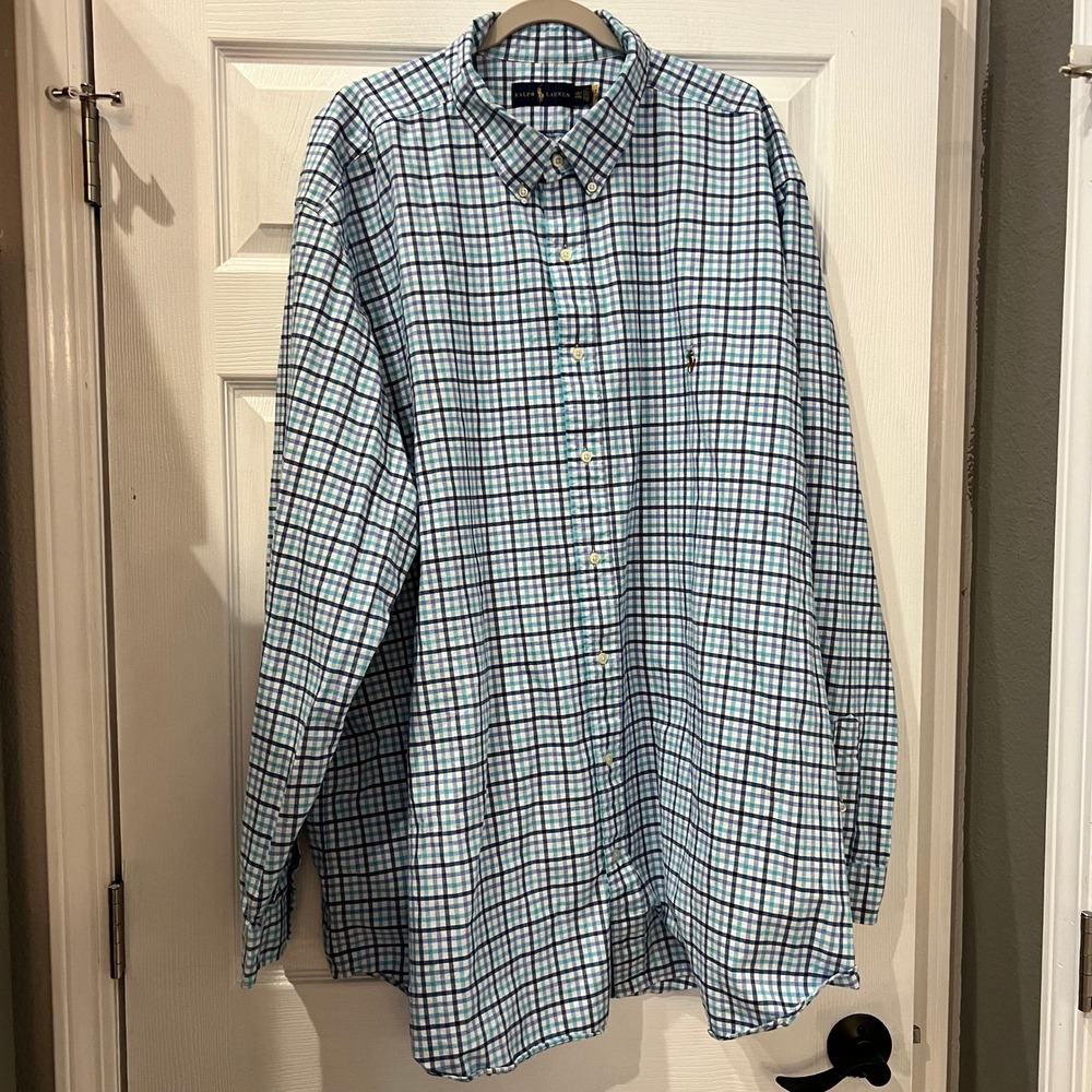 Ralph Lauren Button Down Shirt Cotton Poplin Blue Teal Check 4XLT Preppy Tall